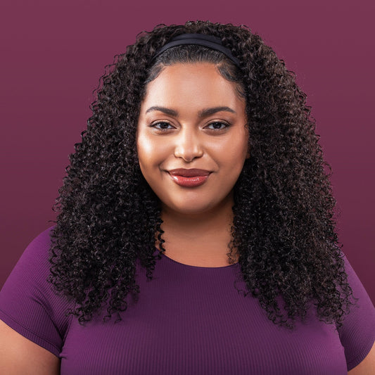 Staci Headband Wig showcasing defined, bouncy curls with a sleek headband, perfect for a voluminous and convenient hairstyle.